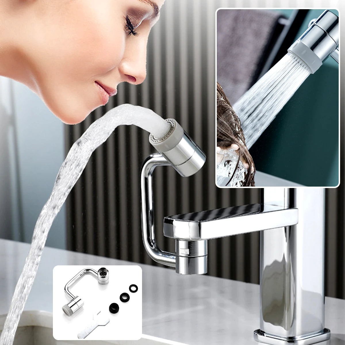 1080° Swivel Stainless Steel Faucet Extender – Dual Spray Bathroom Adapter